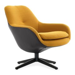 Stijlvolle draaifauteuil met een gele bekleding en een zwarte buitenkant, perfect voor een moderne woonkamer.