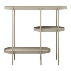 Vooraanzicht hoge beige sidetable met metalen frame en drie afgeronde bladen op verschillende hoogtes Noan van WOOOD