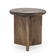 Ronde bijzettafel Leoti Small met donkerbruin houten tafelblad en stevige driehoekige poten.