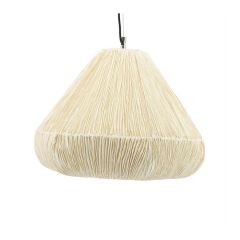 Hanglamp met een geplooide kap van natuurlijk materiaal, die zacht licht doorlaat voor een warme uitstraling.