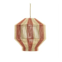 Gestreepte hanglamp van gevlochten touw in terracotta en beige kleuren, met een geometrisch ontwerp en een octagonale vorm.