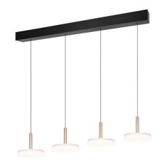 Vierlichts hanglamp Celeste met mat wit glas en koperkleurige elementen, bevestiging op een zwarte metalen balk.