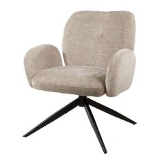 Voorzijde van de Bobby draaifauteuil in ivory kleur, met luxe stof en zwarte metalen draaipoot.